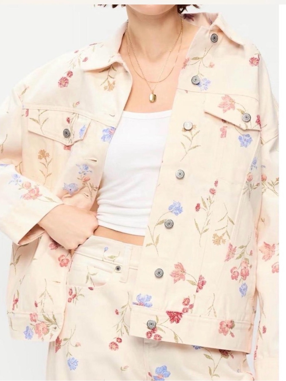 Old Navy Floral Embroidered Cream Jean Jacket